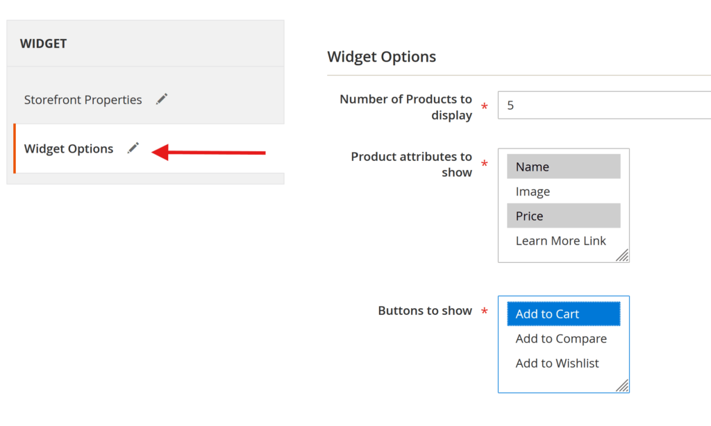 Select widget options